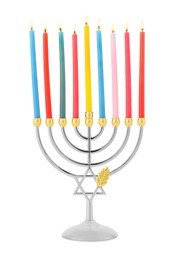 Menorah with burning candles isolated on white. Hanukkah symbol