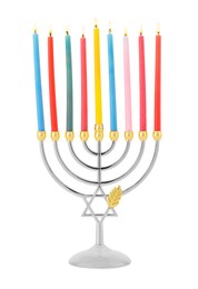 Photo of Menorah with burning candles isolated on white. Hanukkah symbol