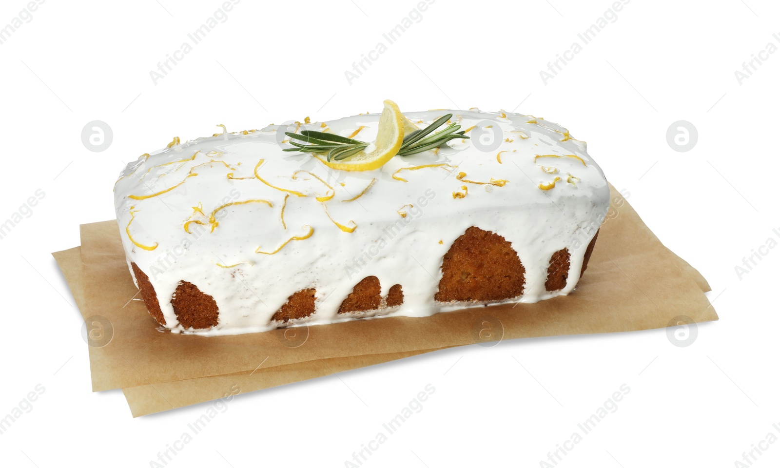 Photo of Tasty lemon cake with glaze isolated on white