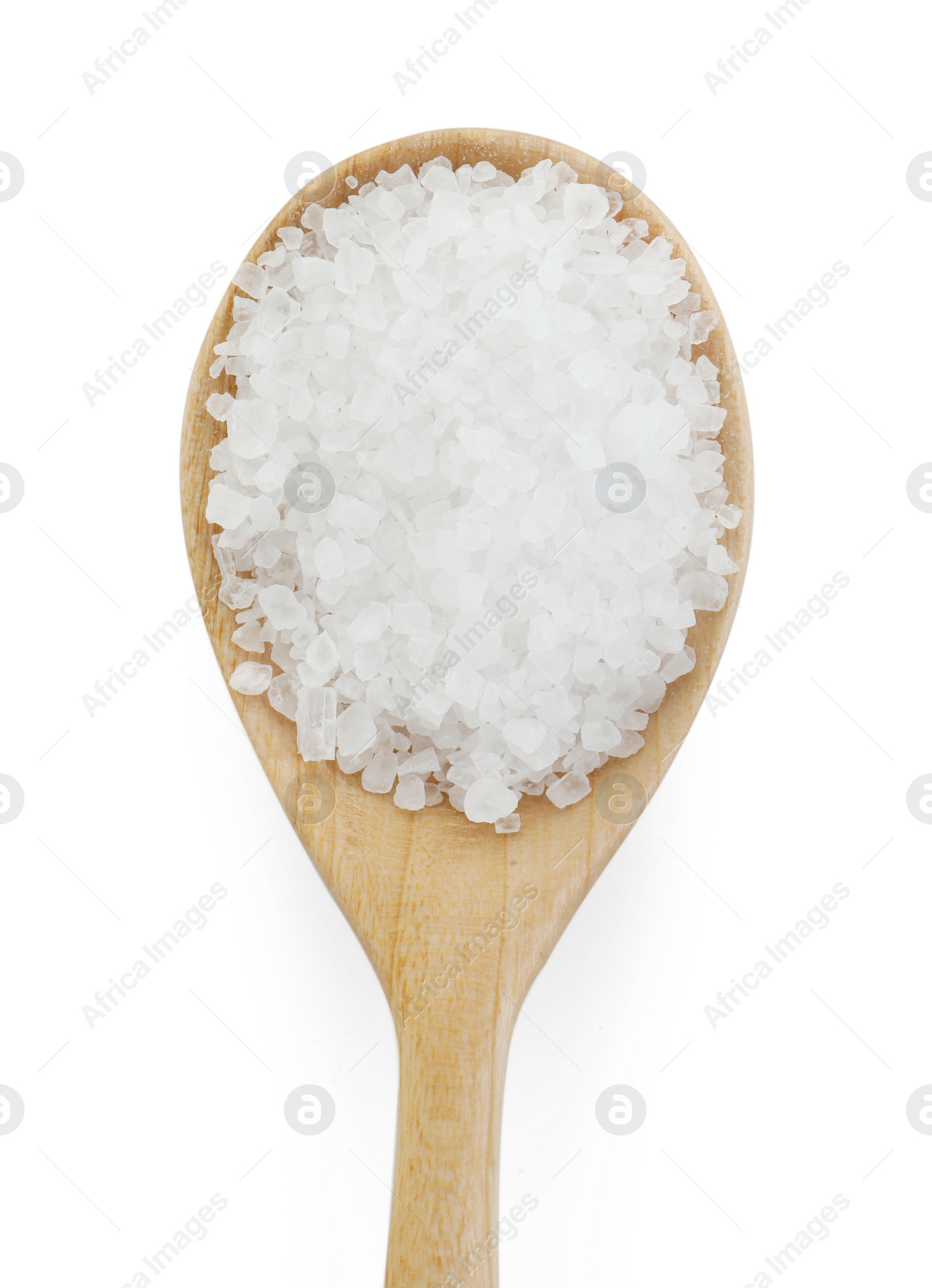 Photo of Natural salt in wooden spoon isolated on white, top view