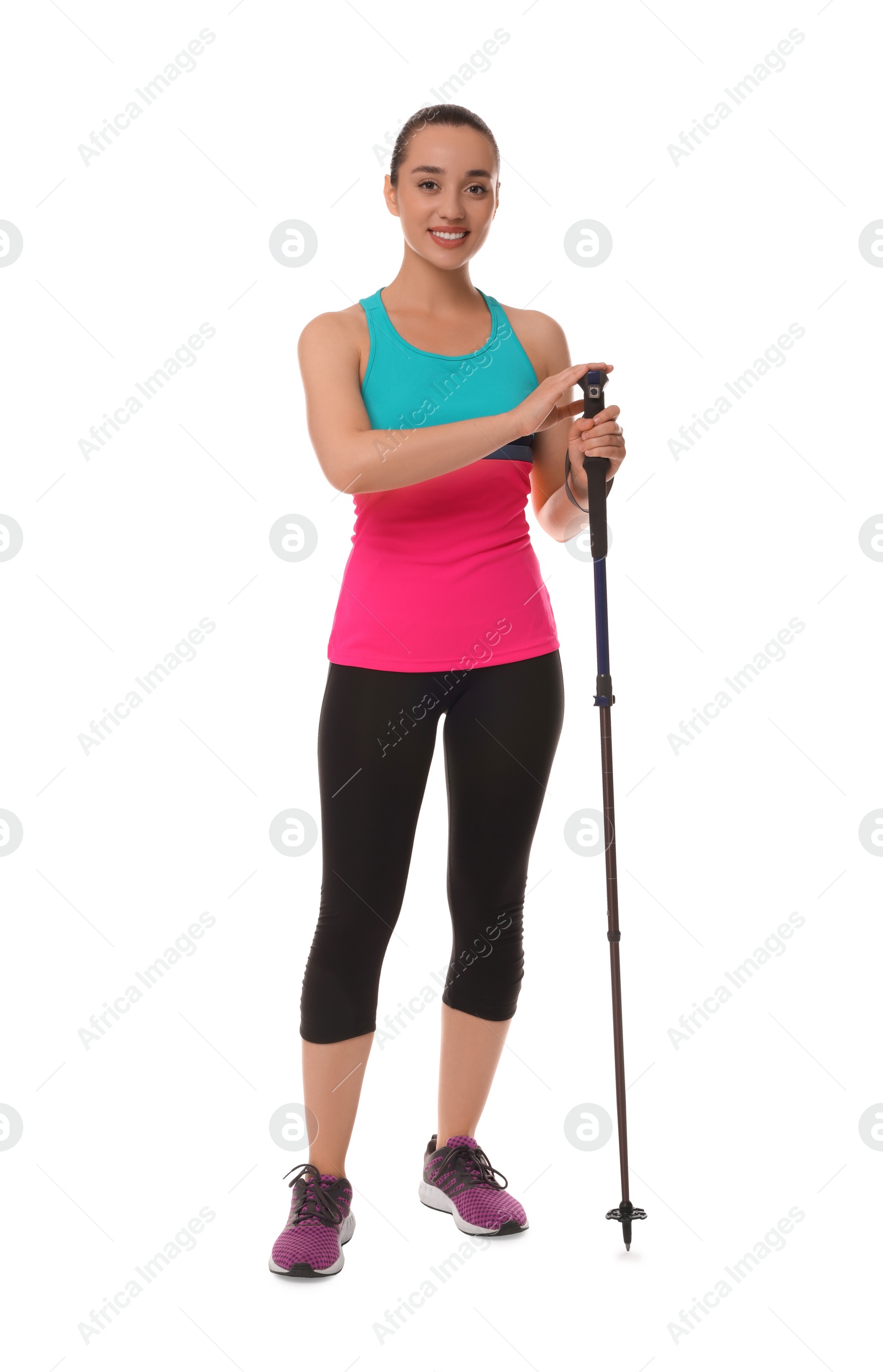 Photo of Woman with pole for Nordic walking isolated on white