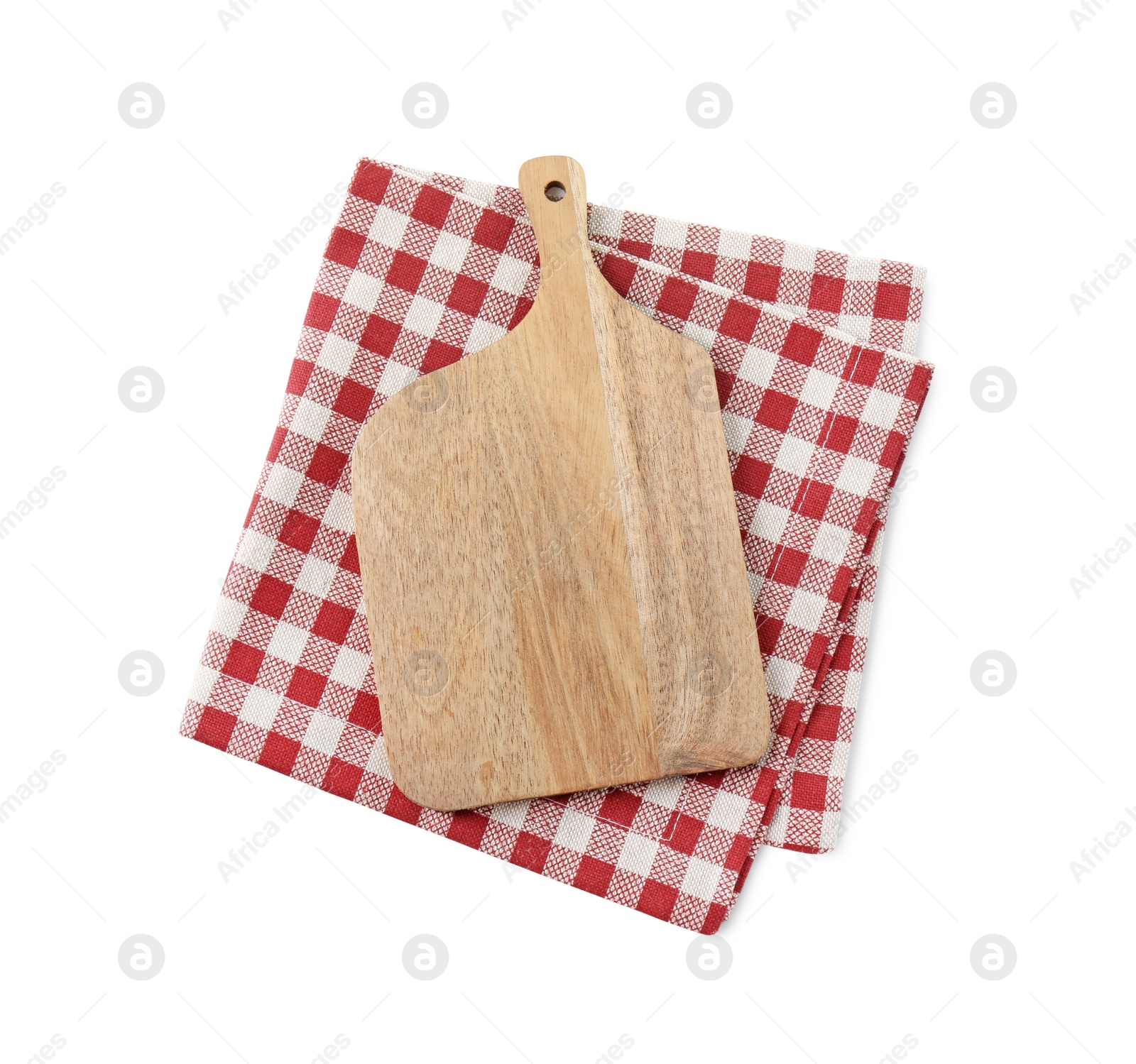 Photo of Wooden cutting board and checkered towel isolated on white, top view