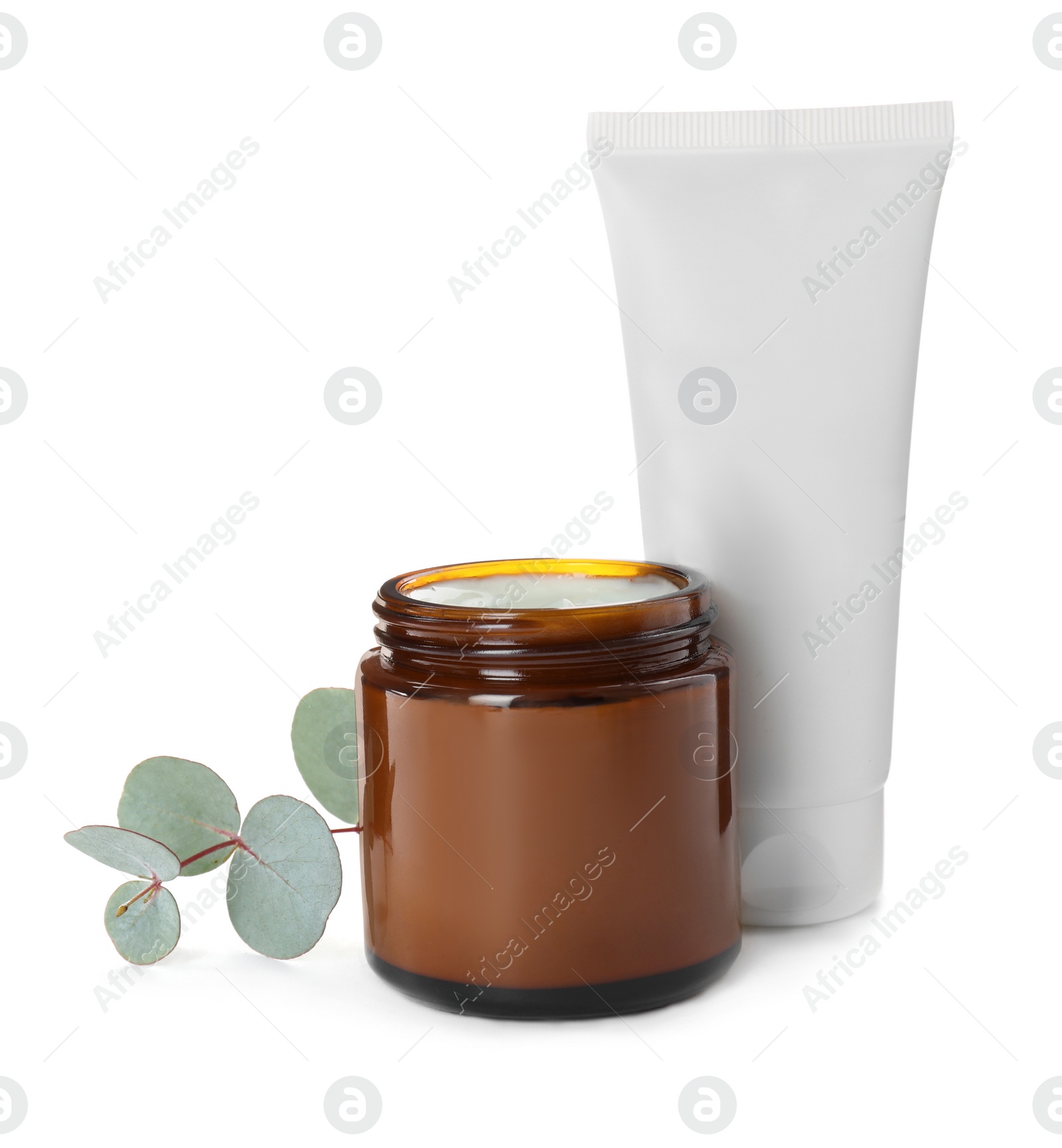Photo of Different hand care cosmetic products and eucalyptus on white background