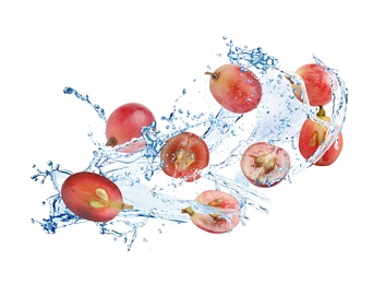 Grapes with water splash on white background