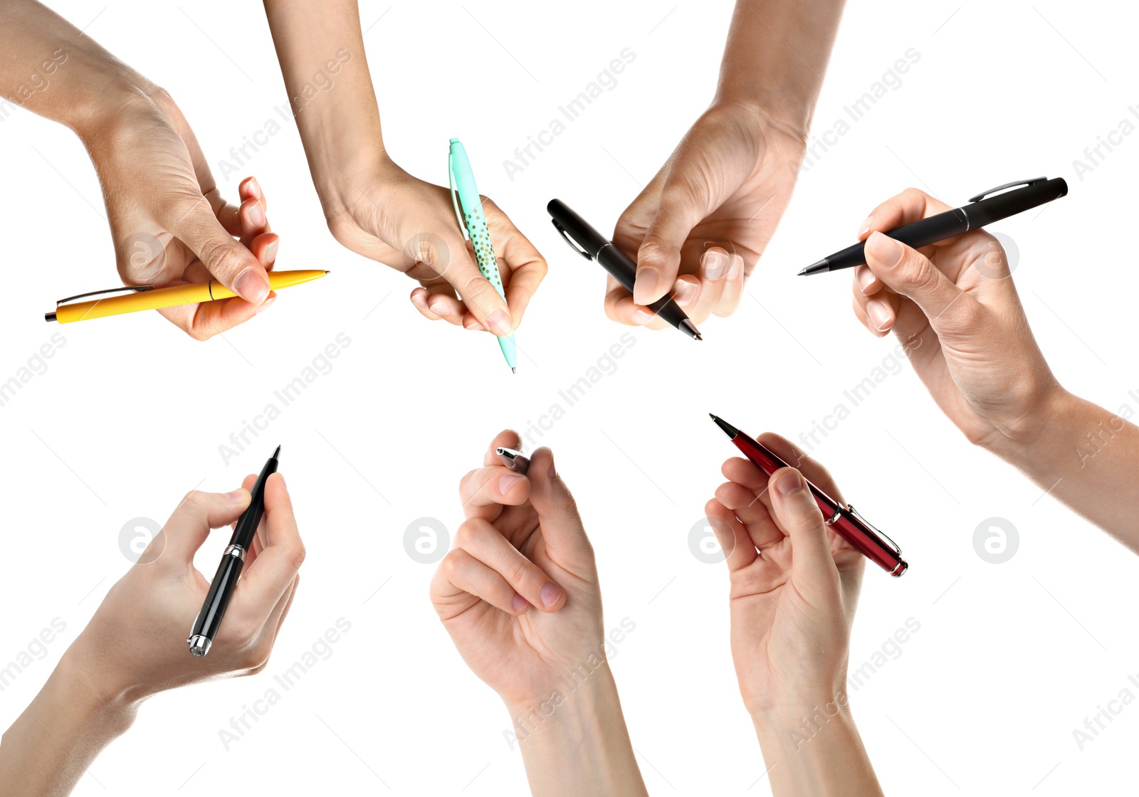 Image of Collage with photos of women holding pens on white background