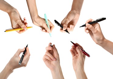 Collage with photos of women holding pens on white background