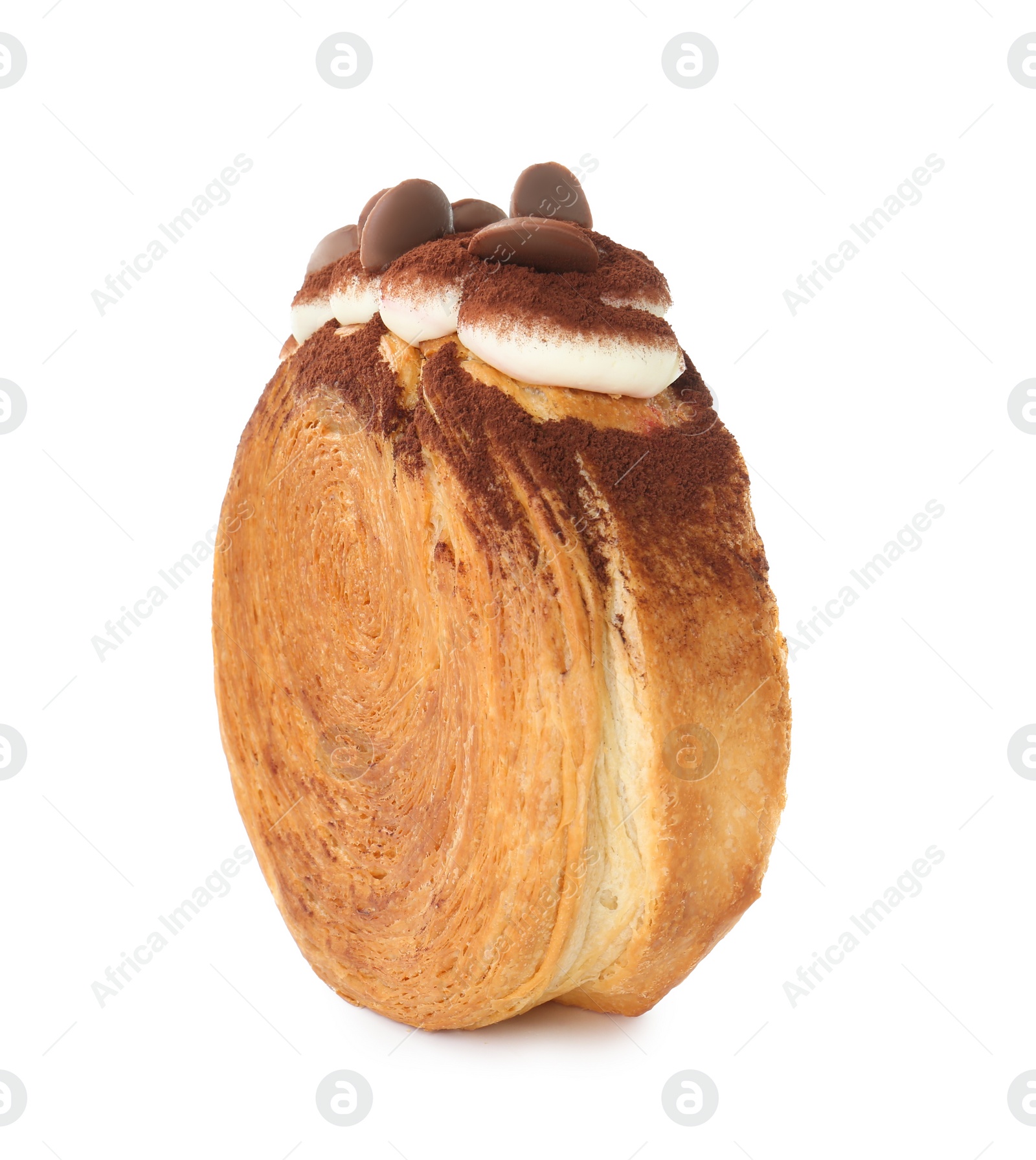 Photo of Round croissant with chocolate chips and cream isolated on white. Tasty puff pastry