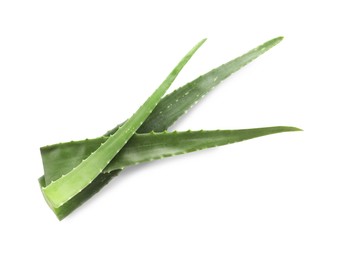 Photo of Green aloe vera leaves isolated on white, top view