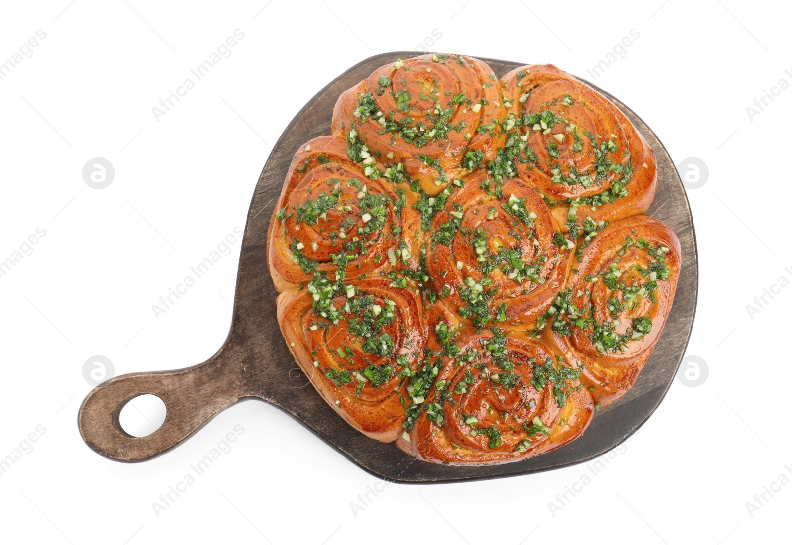 Photo of Traditional Ukrainian garlic bread with herbs (Pampushky) isolated on white, top view