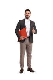 Happy man with folder showing thumb up on white background