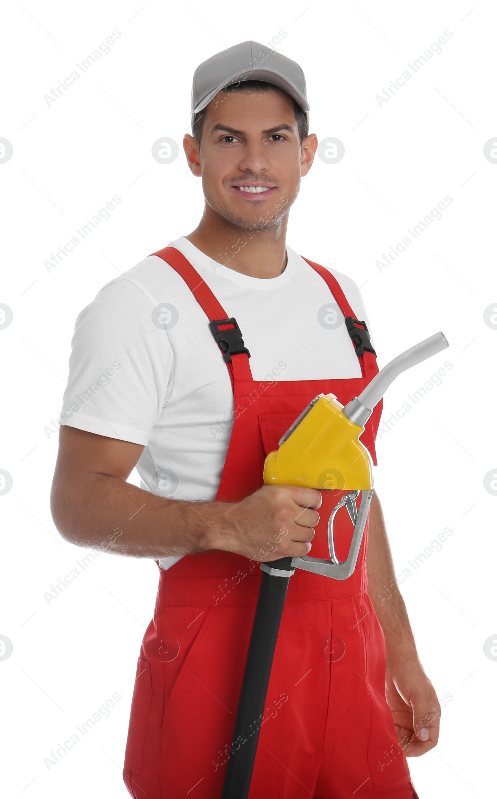 Photo of Gas station worker with fuel nozzle on white background