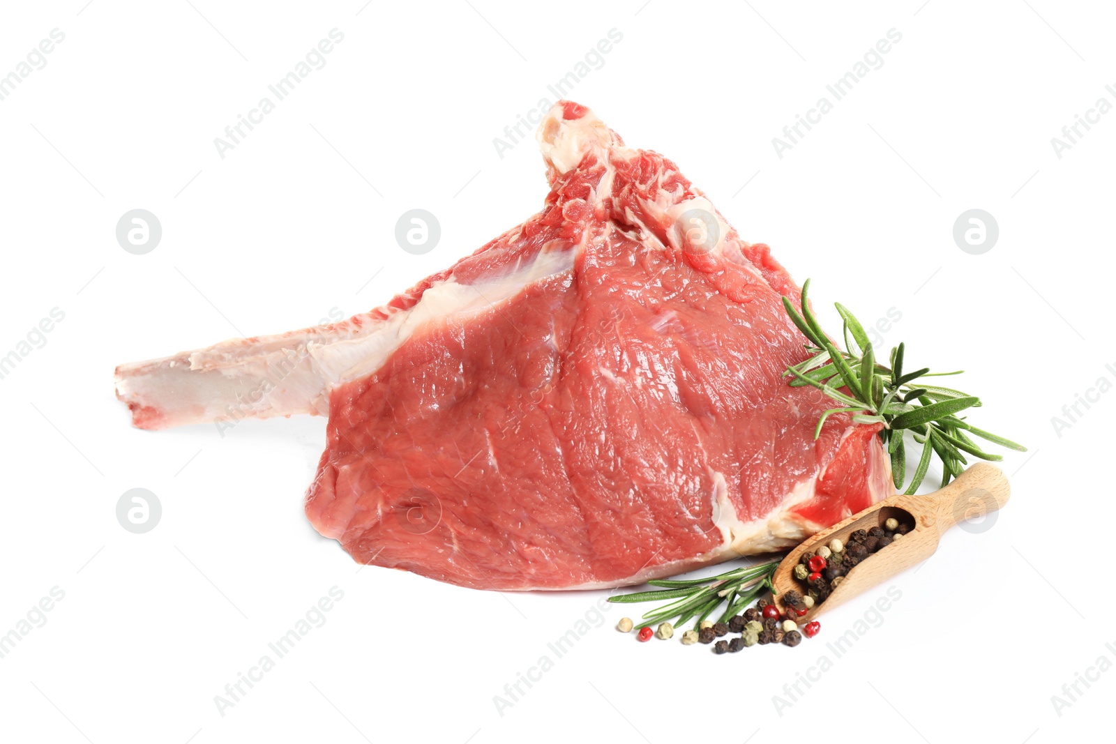 Photo of Raw rib with herbs and pepper isolated on white