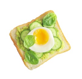 Photo of Delicious sandwich with boiled egg, pieces of cucumber and basil leaves isolated on white, top view