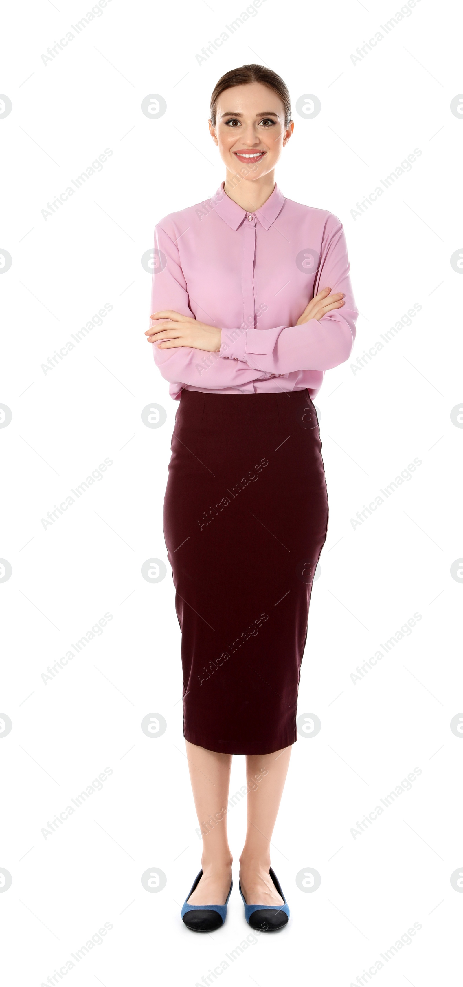 Photo of Full length portrait of young female teacher on white background