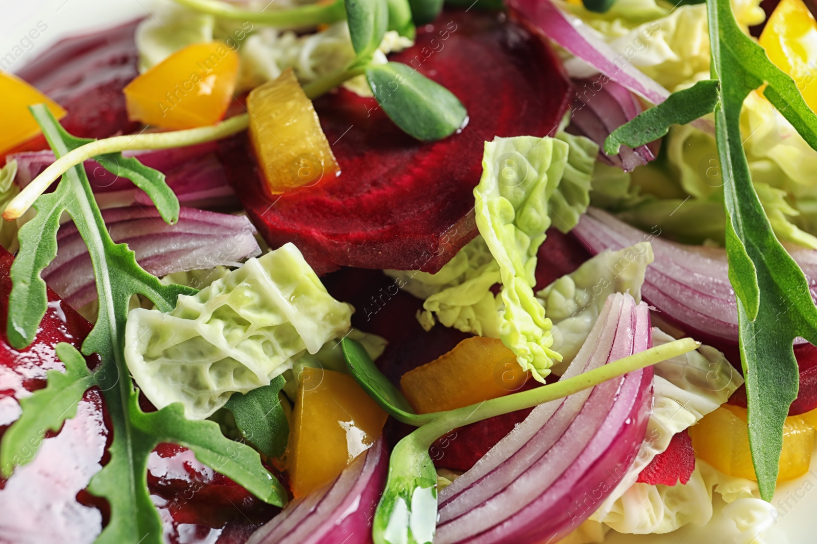 Photo of Tasty healthy beets salad, close up view