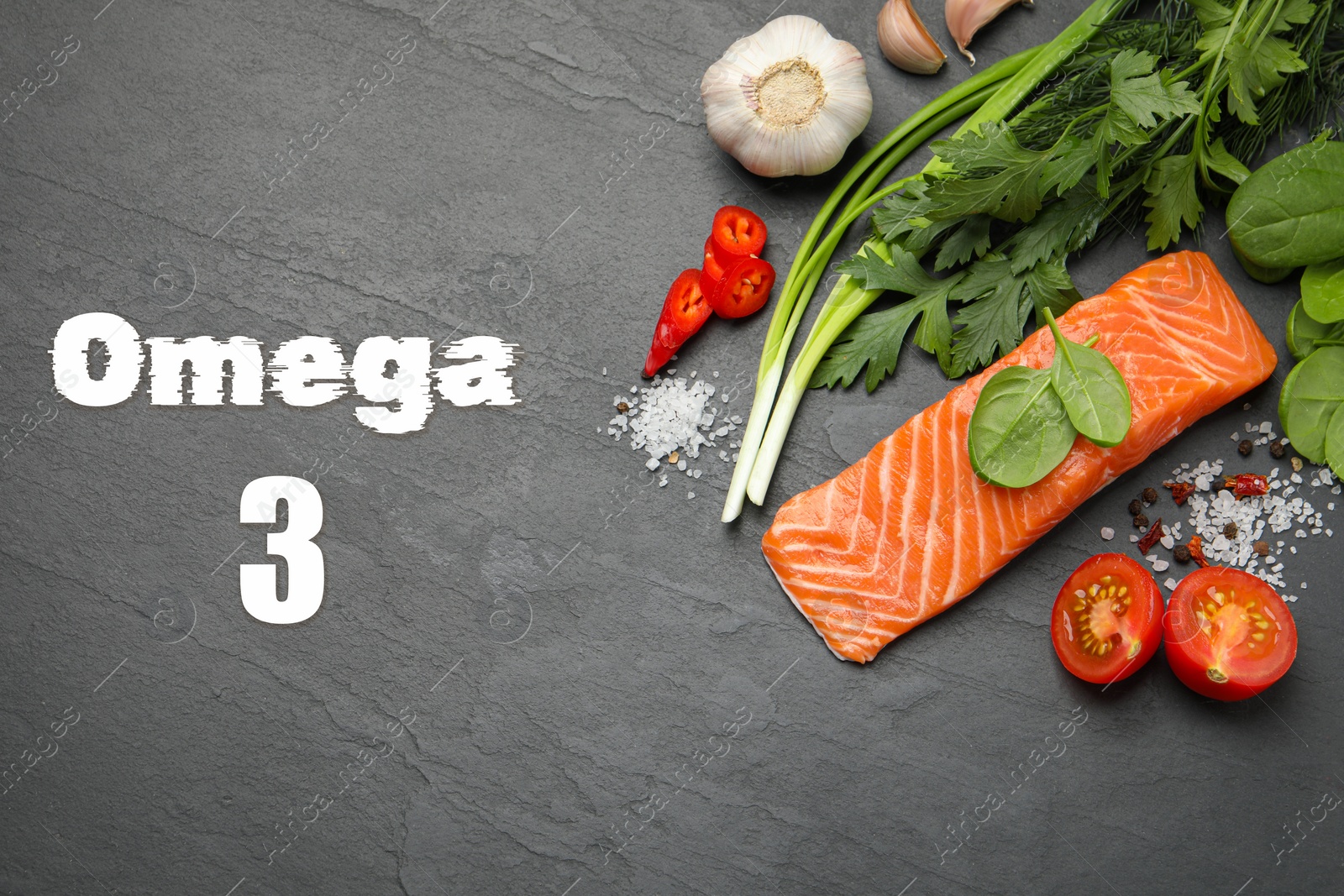Image of Omega 3. Piece of fresh salmon, herbs and spices on grey table, flat lay