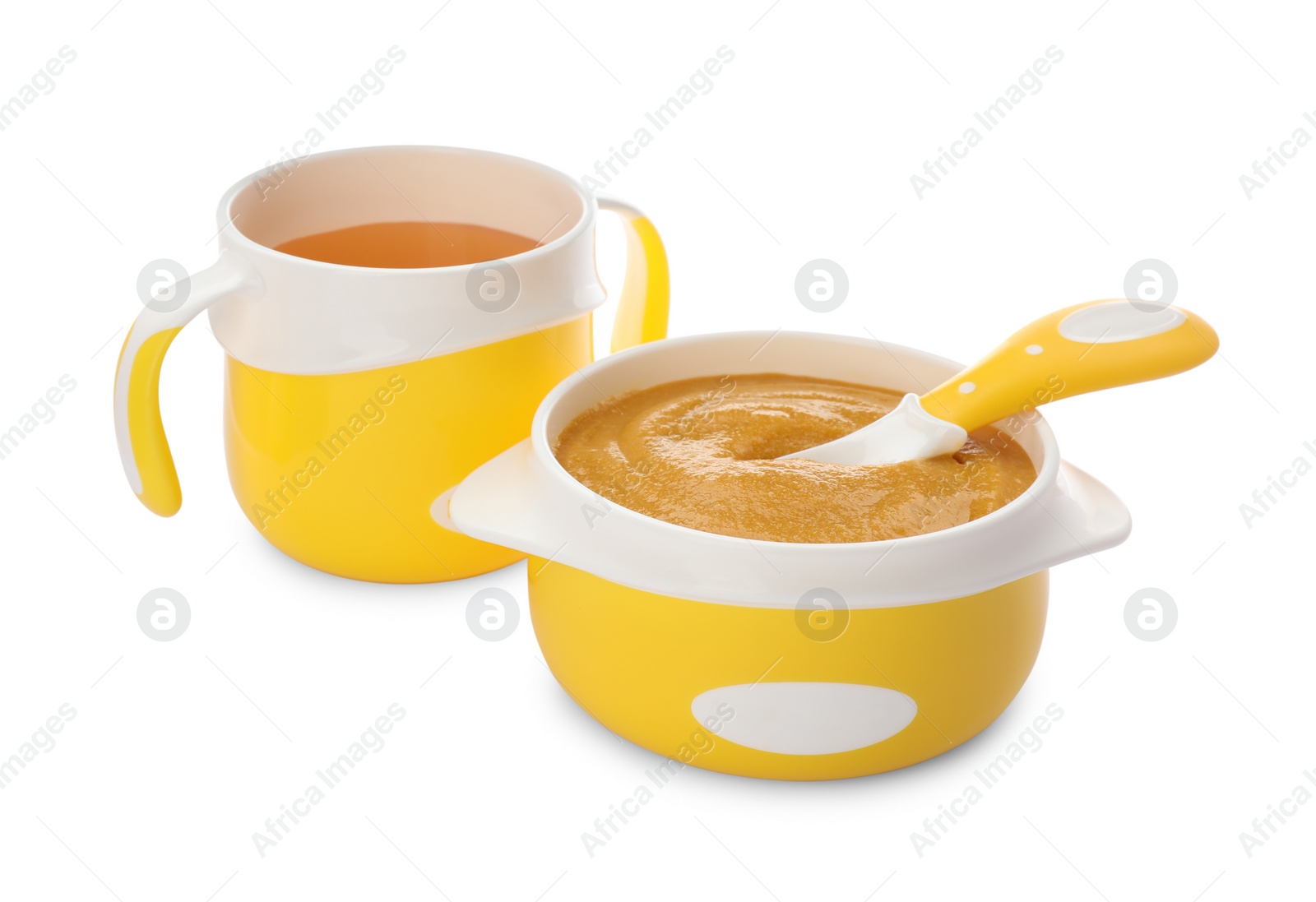 Photo of Healthy baby food in bowl and bottle with drink on white background