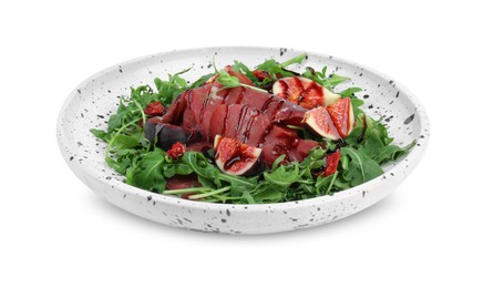 Photo of Plate of tasty bresaola salad with figs, sun-dried tomatoes and balsamic vinegar isolated on white