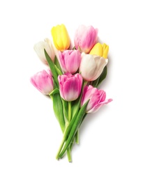 Photo of Beautiful spring tulips on white background, top view. International Women's Day