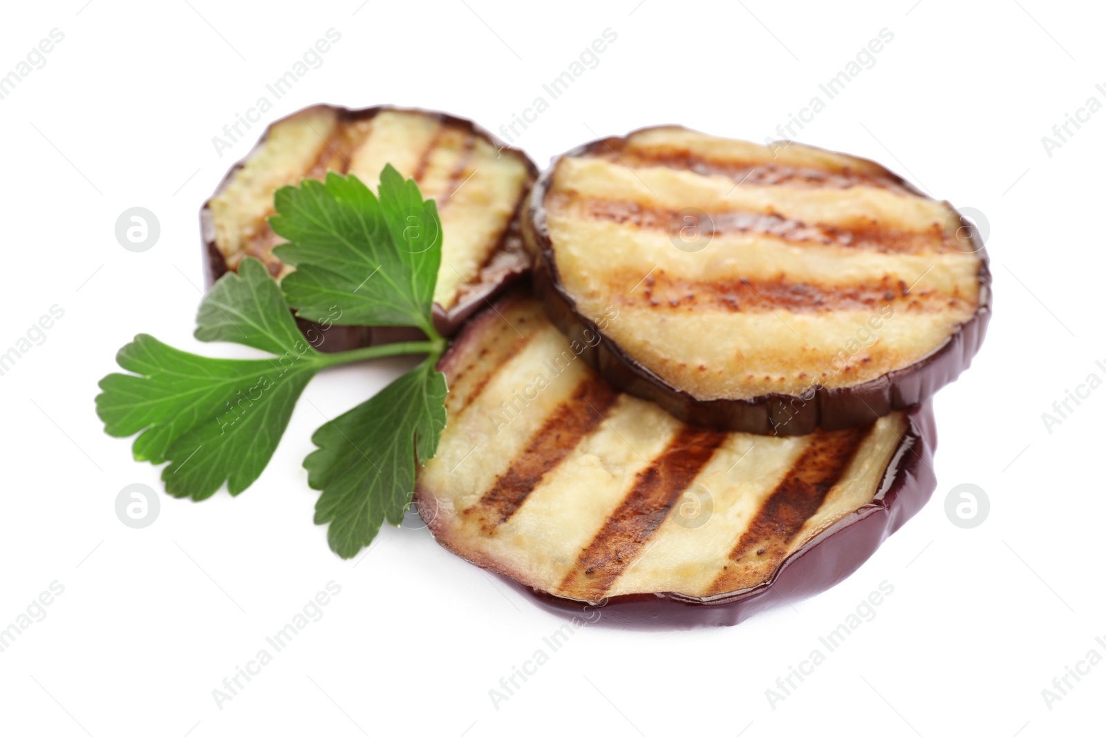 Photo of Delicious grilled eggplant slices and parsley on white background