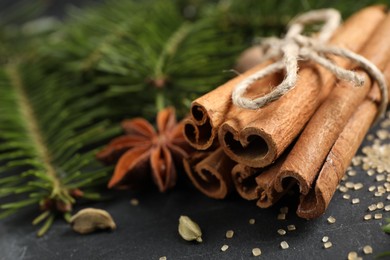 Photo of Different spices and fir branches on gray table, closeup