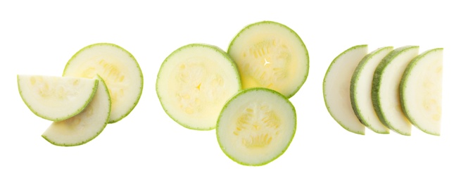 Set of cut squashes on white background, top view. Banner design