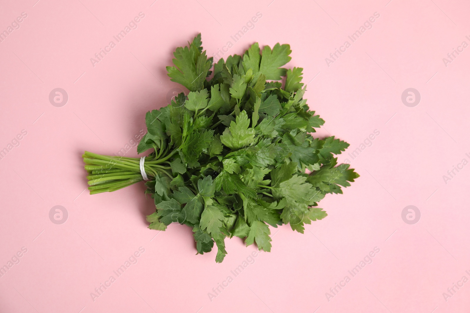 Photo of Bunch of fresh green parsley on color background, view from above