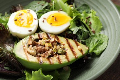 Photo of Healthy dish high in vegetable fats on table, closeup