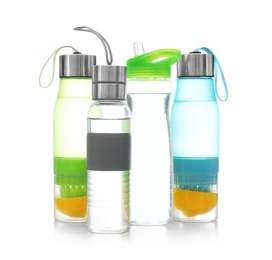 Photo of Different water bottles for sports on white background