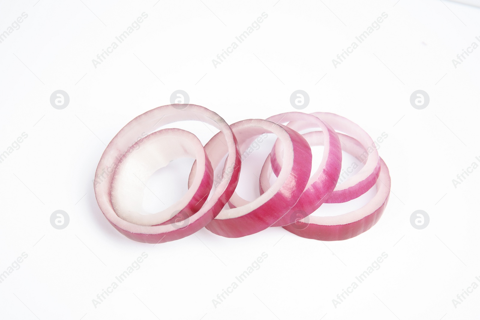 Photo of Fresh slices of red onion on white background