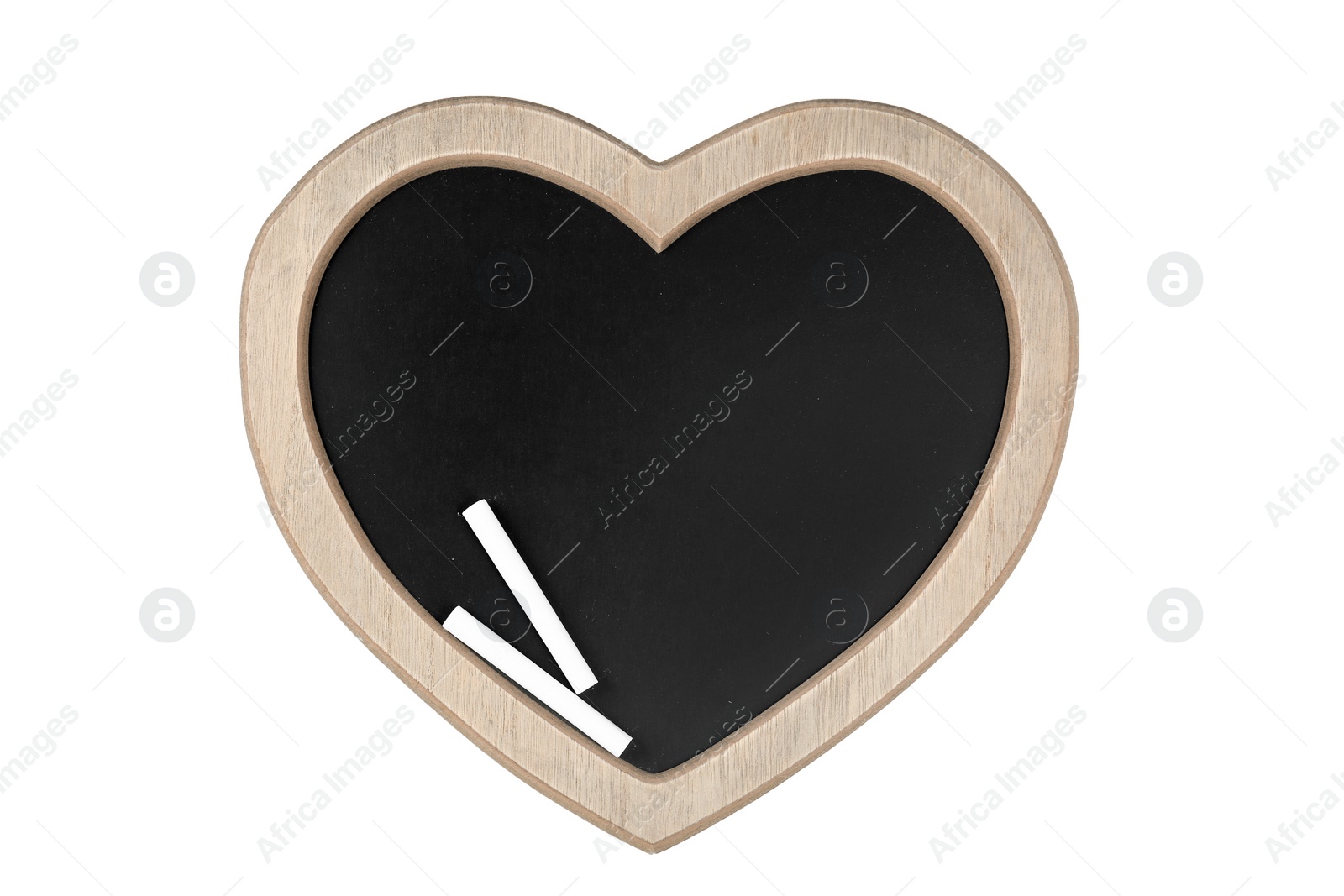 Photo of Clean heart shaped blackboard with chalk on white background