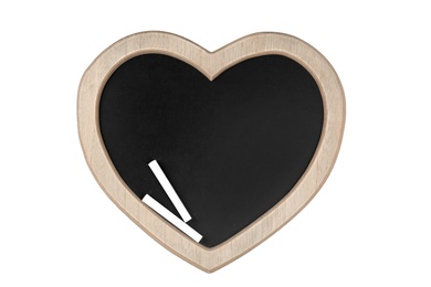 Clean heart shaped blackboard with chalk on white background