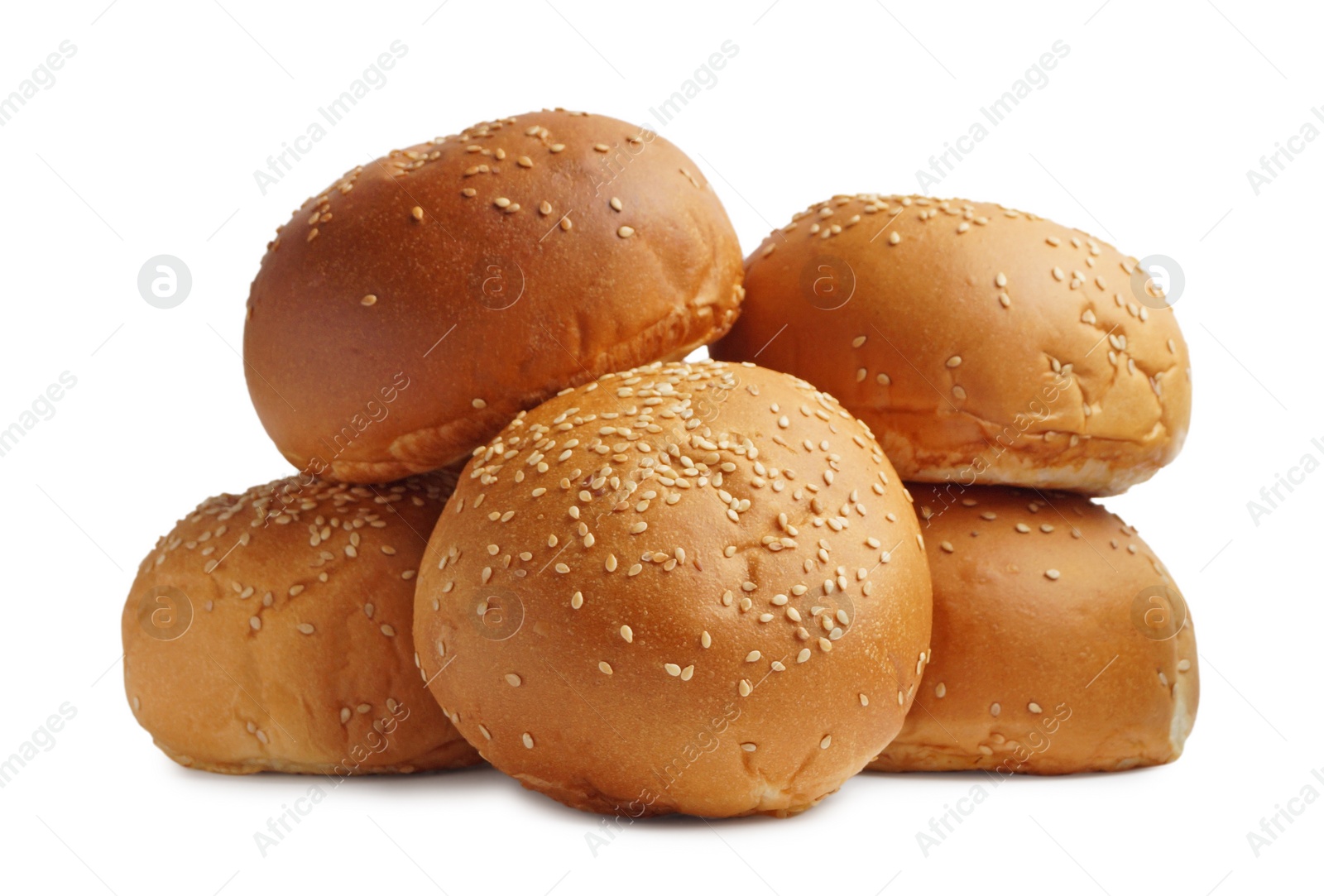 Photo of Stack of fresh tasty buns with sesame seeds isolated on white