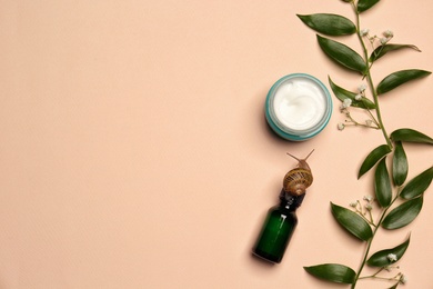 Photo of Flat lay composition of organic cosmetics made with snail mucin on beige background. Space for text