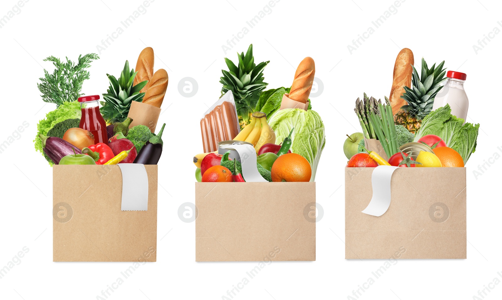 Image of Paper bags with different products and receipts isolated on white, collection