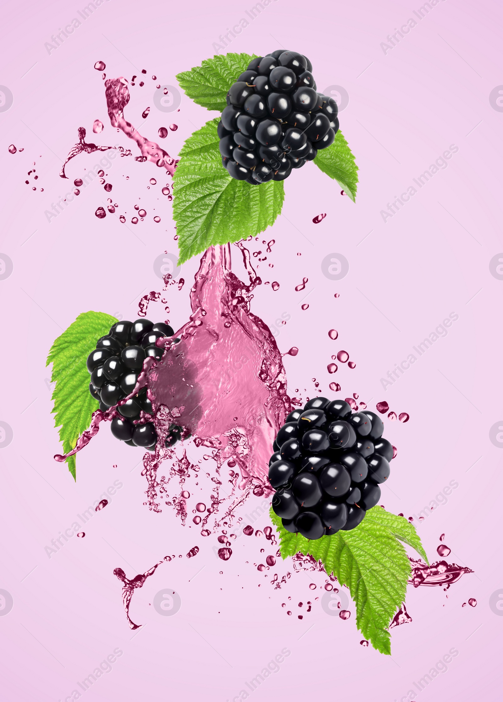 Image of Fresh blackberries and juice in air on violet background