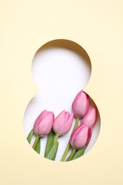 8 March greeting card design with tulips, top view. Happy International Women's Day