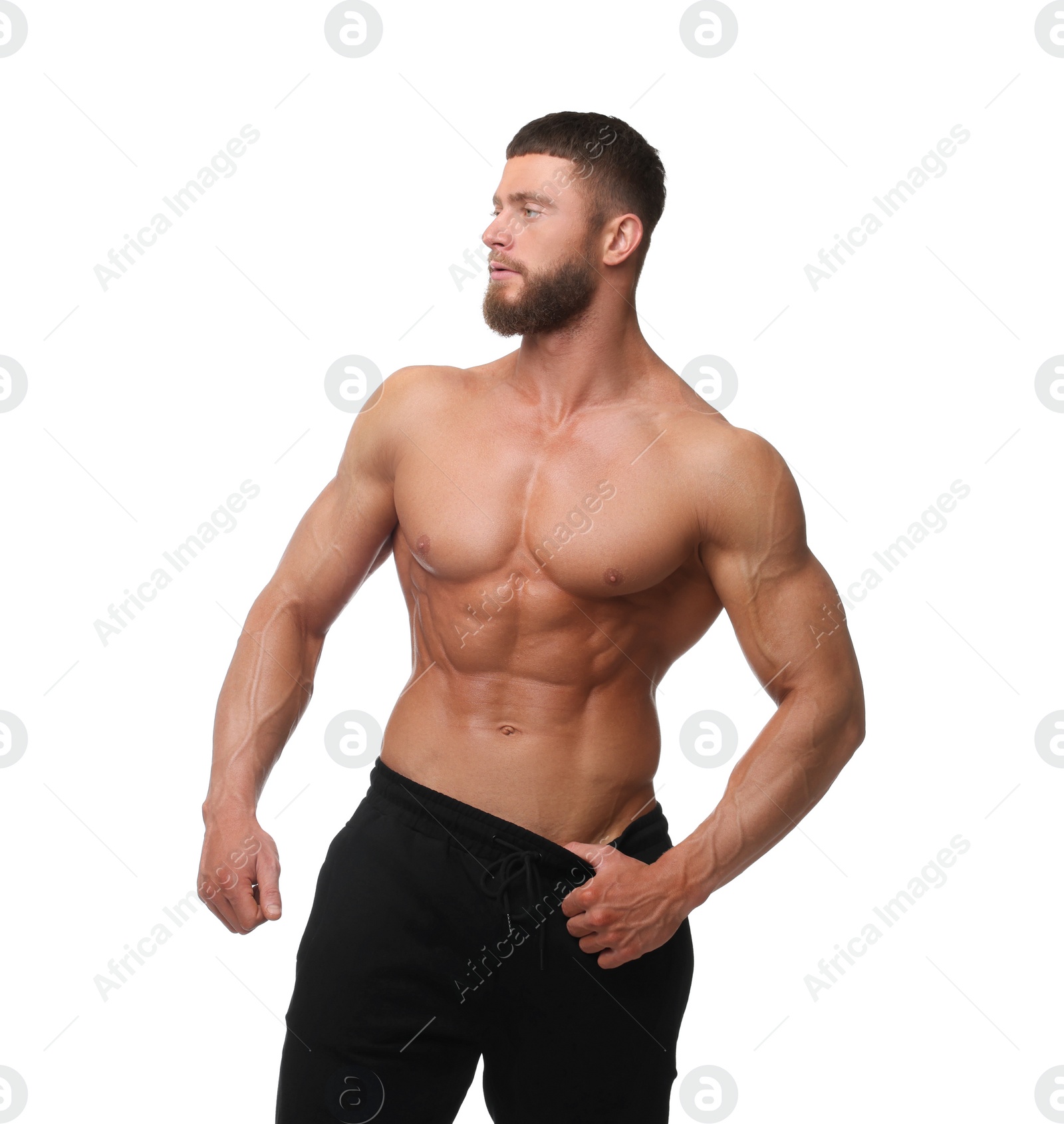 Photo of Young bodybuilder with muscular body on white background