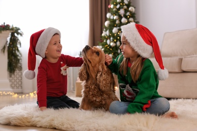 Photo of Cute little kids with English Cocker Spaniel in room decorated for Christmas