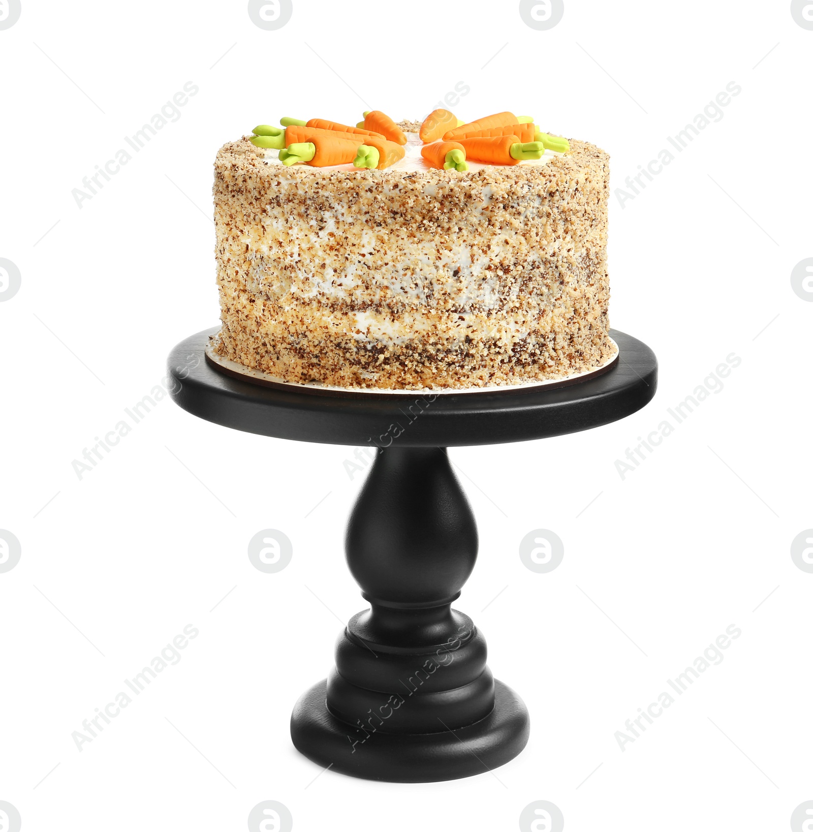 Photo of Stand with tasty carrot cake isolated on white