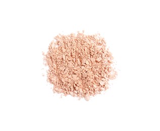 Photo of Pile of crushed face powder on white background, top view