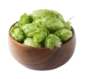 Photo of Fresh green hops in wooden bowl on white background