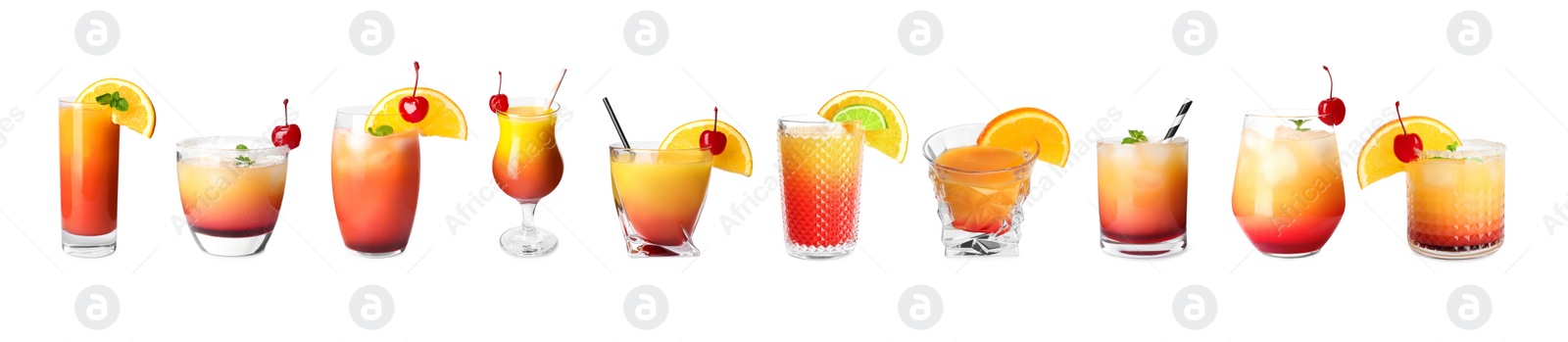 Image of Set of Tequila Sunrise cocktails on white background. Banner design