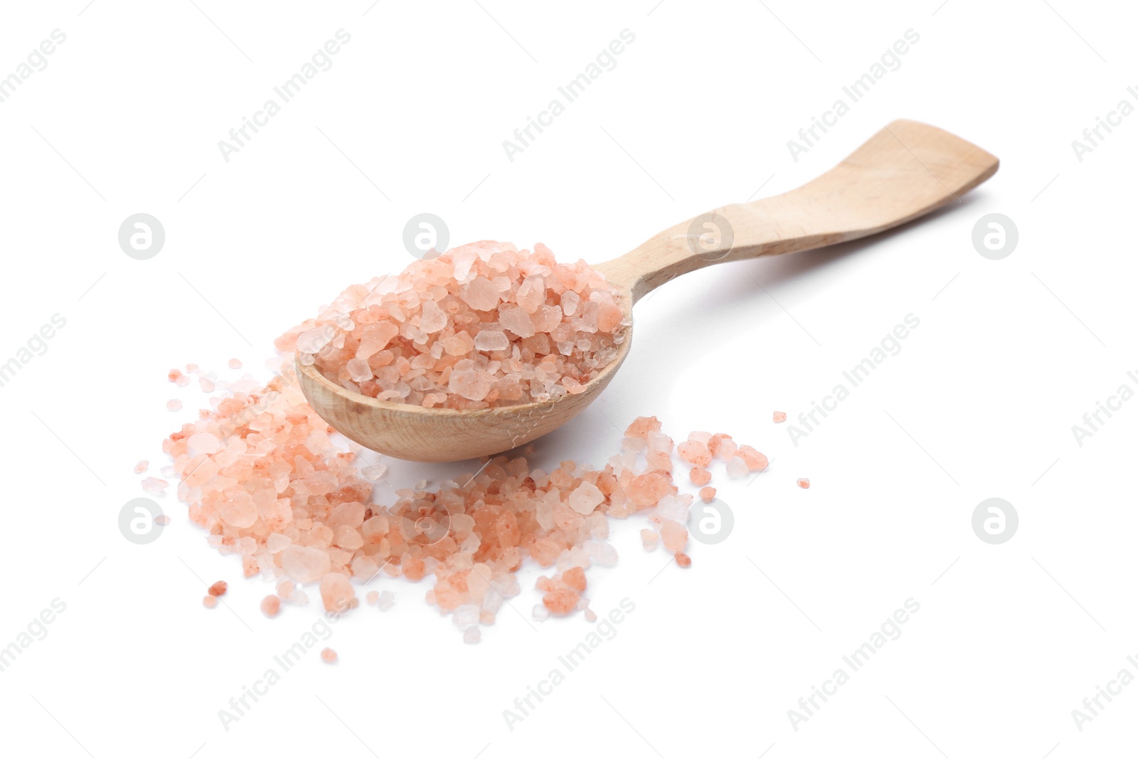 Photo of Wooden spoon with pink himalayan salt isolated on white