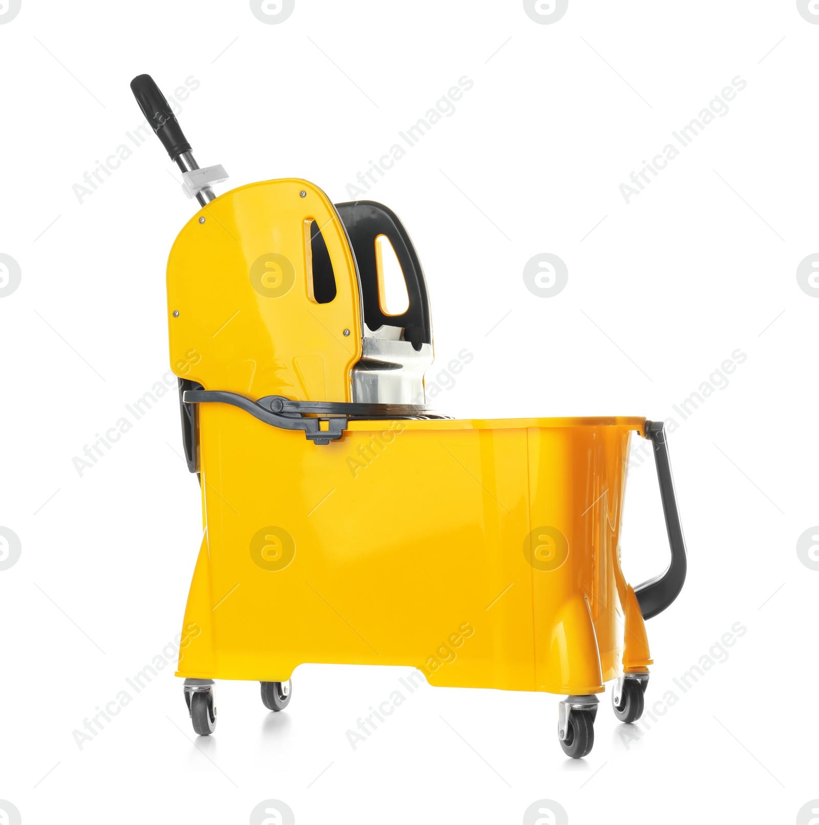 Photo of Empty mop bucket for cleaning on white background