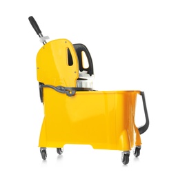 Empty mop bucket for cleaning on white background