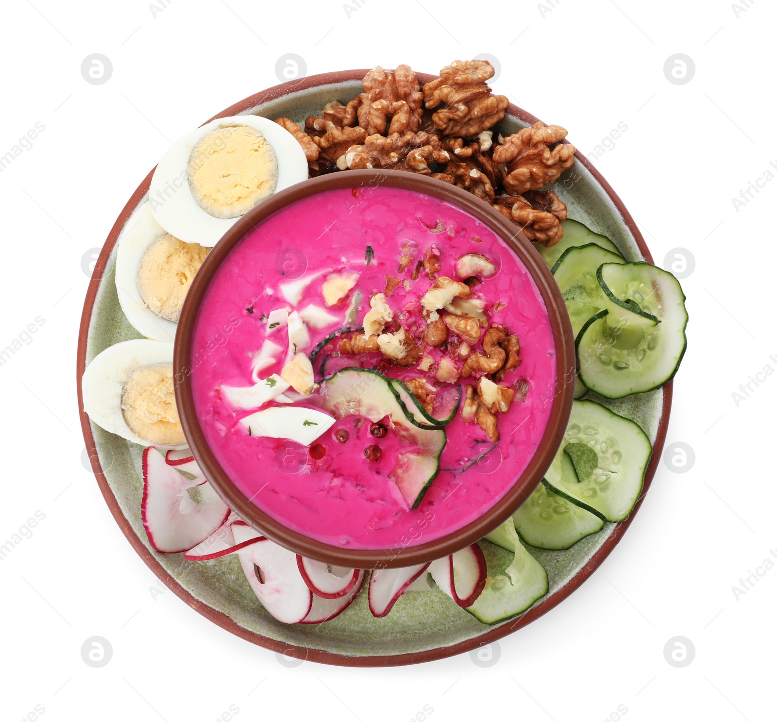 Photo of Delicious cold summer beet soup on white background, top view