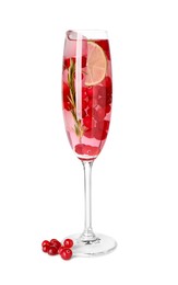 Photo of Tasty cranberry cocktail with ice cubes, lime and rosemary in glass isolated on white
