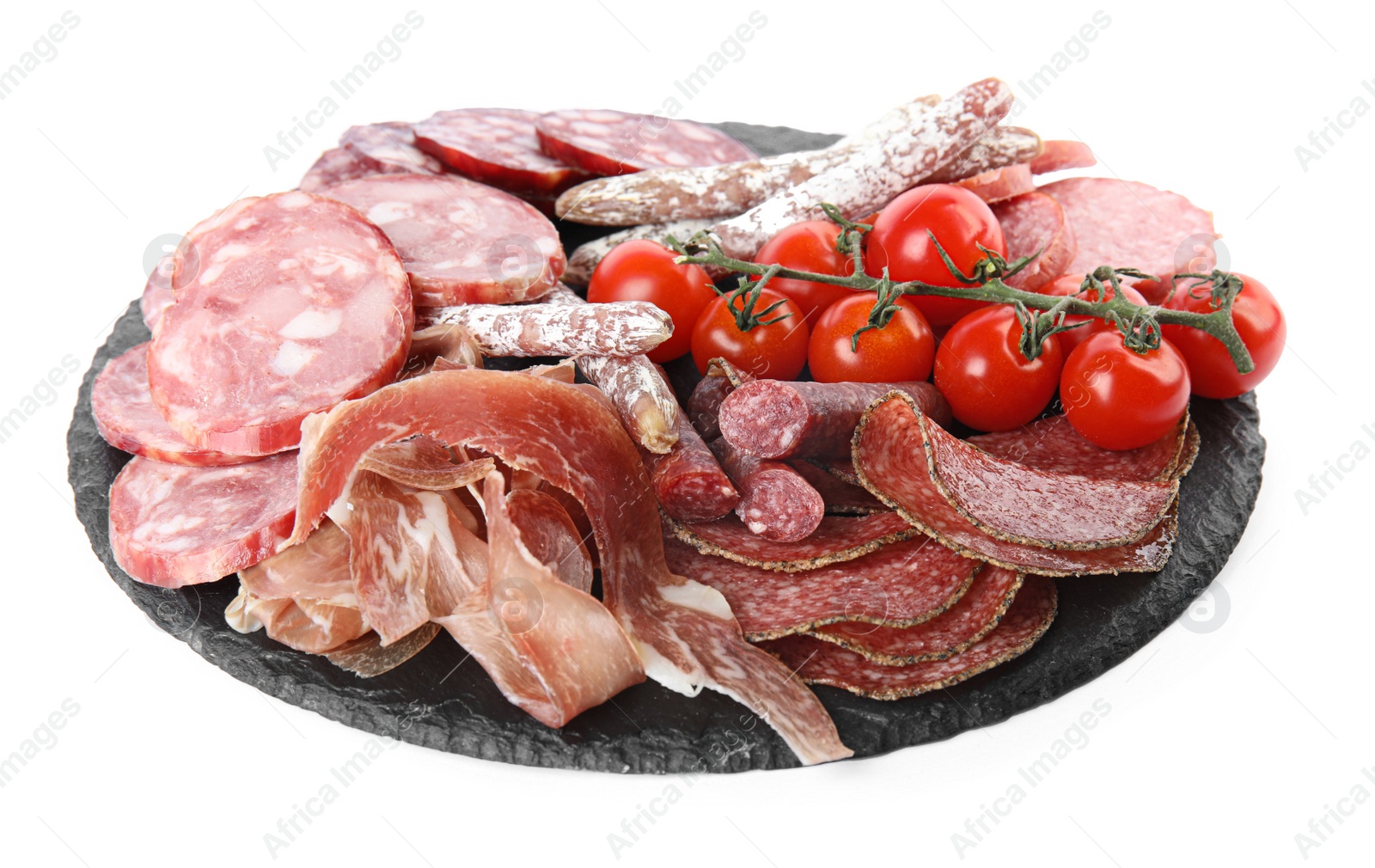 Photo of Slices of different sausages with tomatoes isolated on white