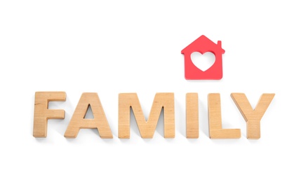 Photo of Word Family made of wooden letters and house model on white background
